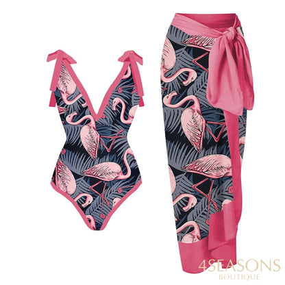 Pink Flamingo Print Bikini Set V-Neck High Waist Slim Swimsuit Womens Bow Tie Strap Style Beachwear