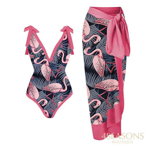 Pink Flamingo Print Bikini Set V-Neck High Waist Slim Swimsuit Womens Bow Tie Strap Style Beachwear
