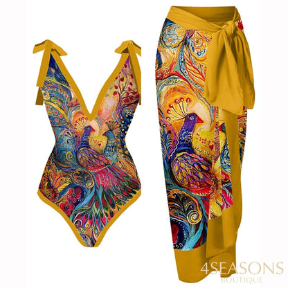Swimwear 2022 New Retro One-Piece Swimsuit And Cover Up Women Bathing Suit Sexy Printed Bikini