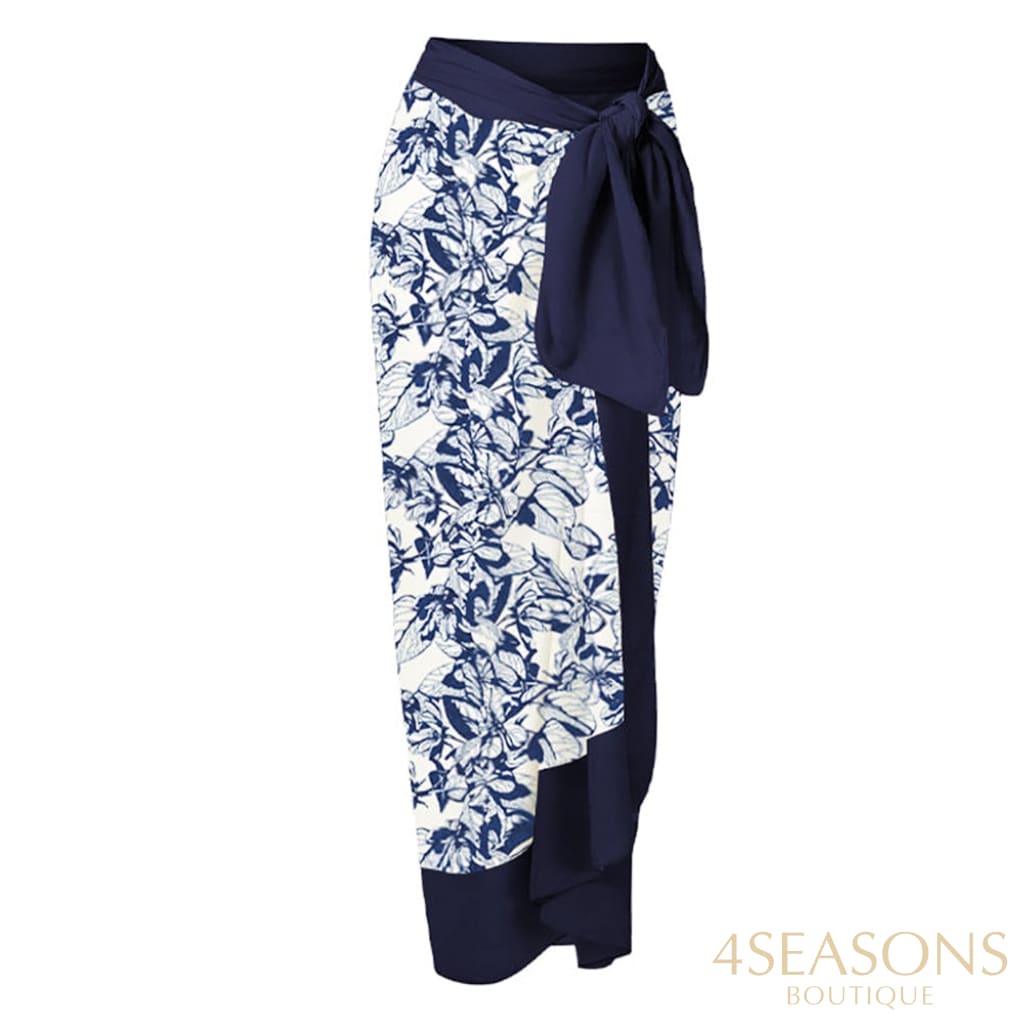 Printed Bow Strap Design Elegant High Waist Slim Bikini One Piece Sexy Chiffon Beach Dress Cover Up