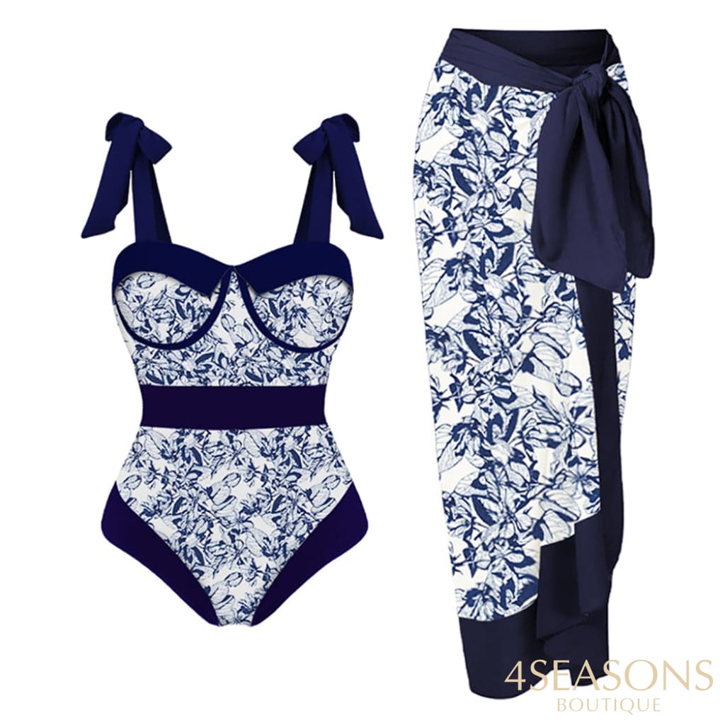 Printed Bow Strap Design Elegant High Waist Slim Bikini One Piece Sexy Chiffon Beach Dress Cover Up