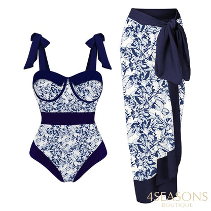 Printed Bow Strap Design Elegant High Waist Slim Bikini One Piece Sexy Chiffon Beach Dress Cover Up