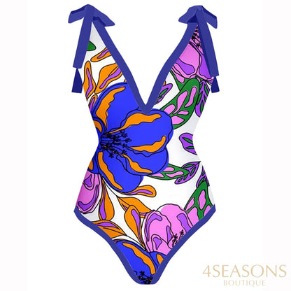 Sexy Printed Bikini Set Lace Up Chic One Piece Swimsuit With Cover-Ups Backless V-Neck Swimwear