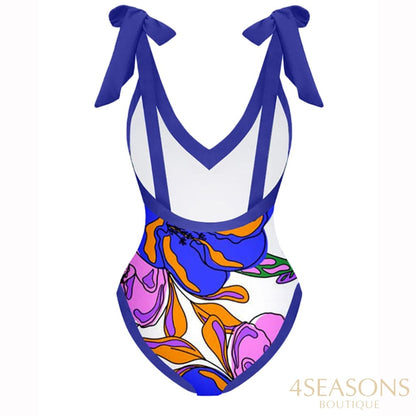 Sexy Printed Bikini Set Lace Up Chic One Piece Swimsuit With Cover-Ups Backless V-Neck Swimwear