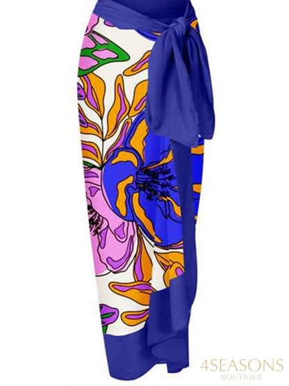 Sexy Printed Bikini Set Lace Up Chic One Piece Swimsuit With Cover-Ups Backless V-Neck Swimwear