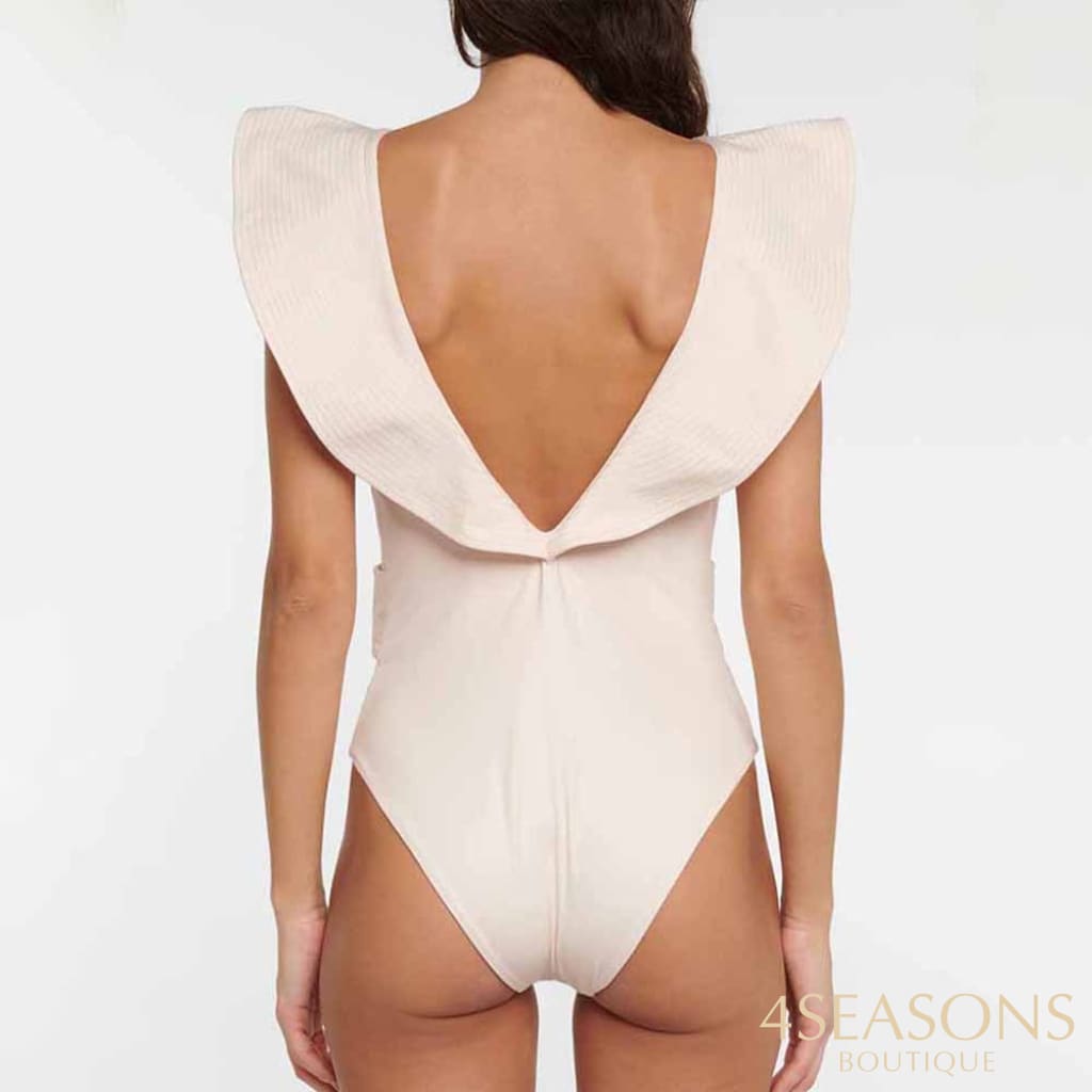 Paste Pink Ruffle One Piece Swimsuit And Coverup High Waist V Neck Sexy Slim Backless Bikini Ladies