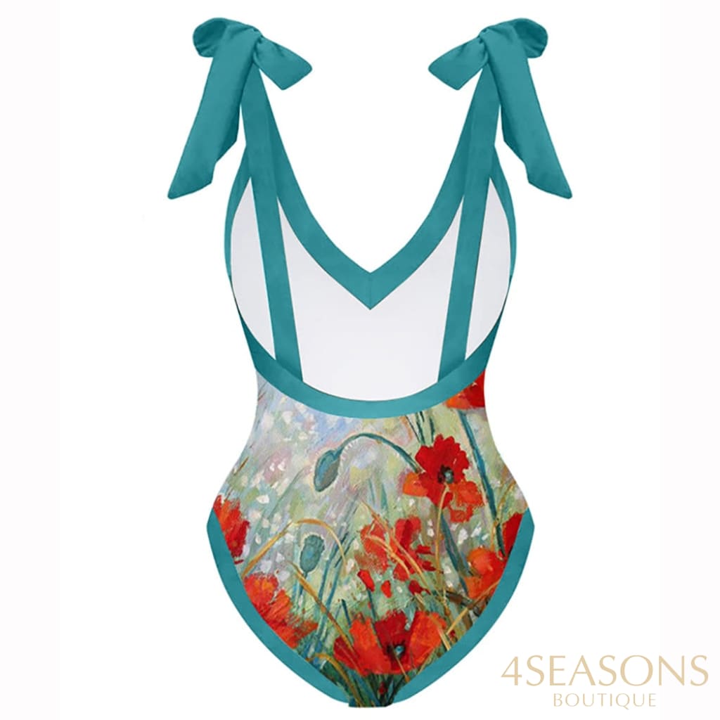 Sexy Deep V Vintage Flower Print One-Piece Swimsuits And Cover Ups Womens Bathing Suit Summer