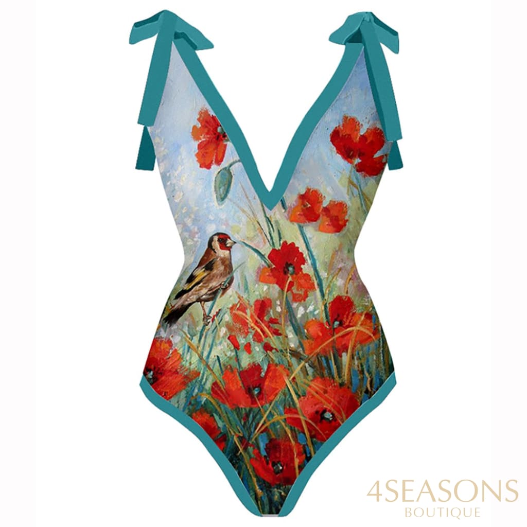 Sexy Deep V Vintage Flower Print One-Piece Swimsuits And Cover Ups Womens Bathing Suit Summer