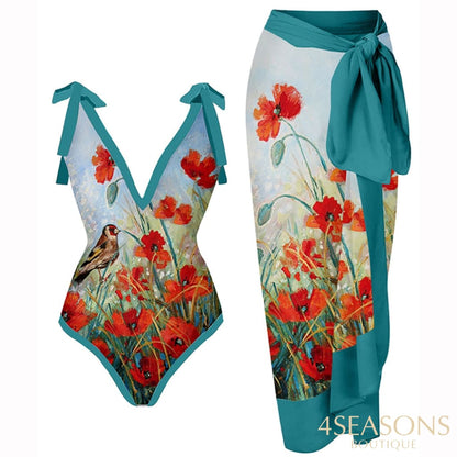 Sexy Deep V Vintage Flower Print One-Piece Swimsuits And Cover Ups Womens Bathing Suit Summer