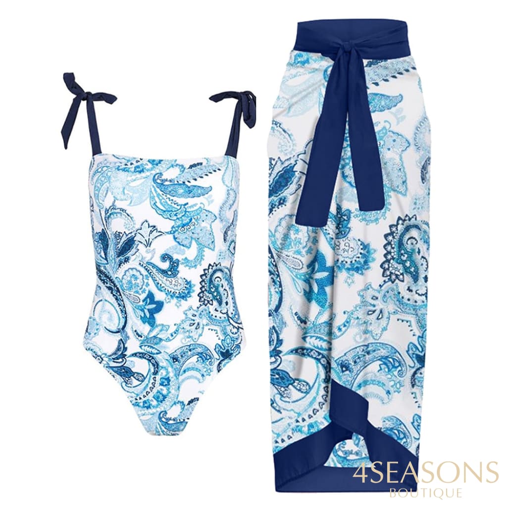 Blue Printed One Piece Swimsuit Suit Lace Up Square Neck Sexy Bikini High Waist Seamless Stitching