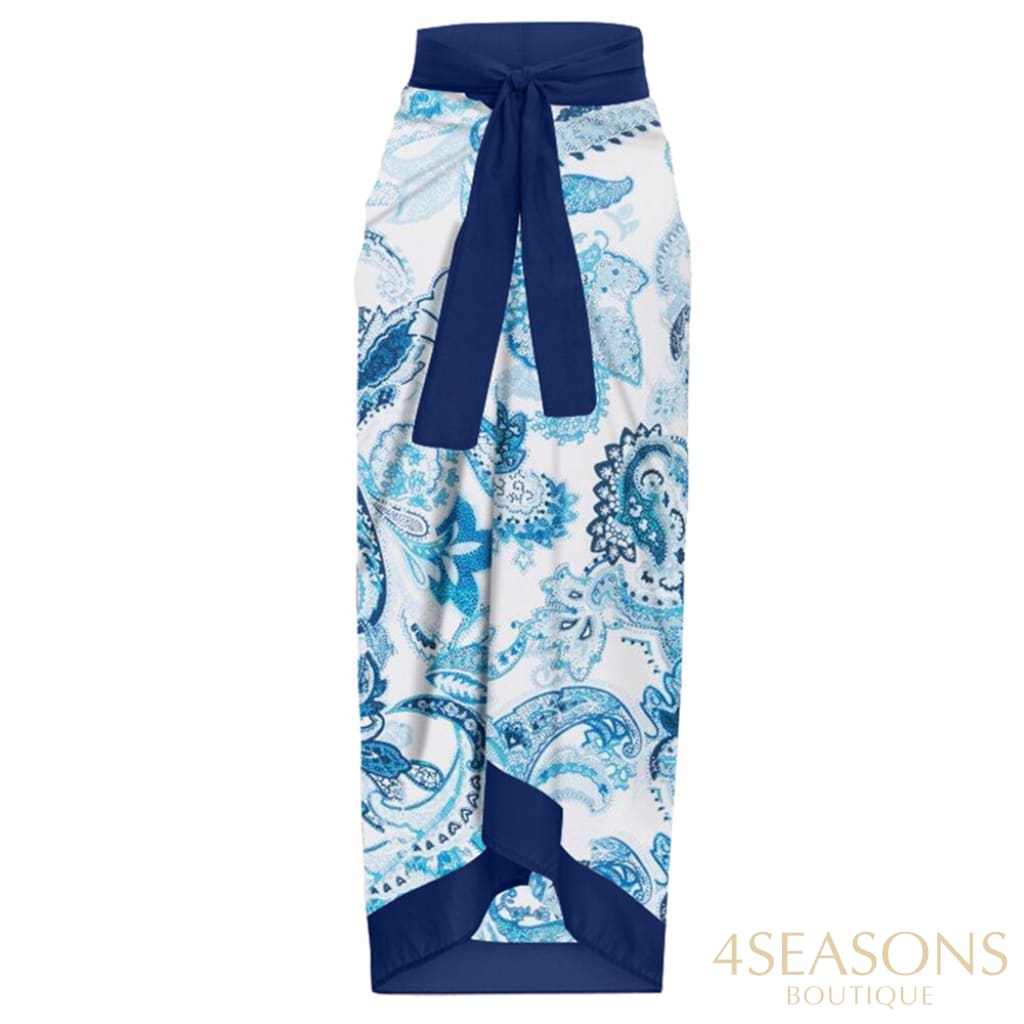 Blue Printed One Piece Swimsuit Suit Lace Up Square Neck Sexy Bikini High Waist Seamless Stitching