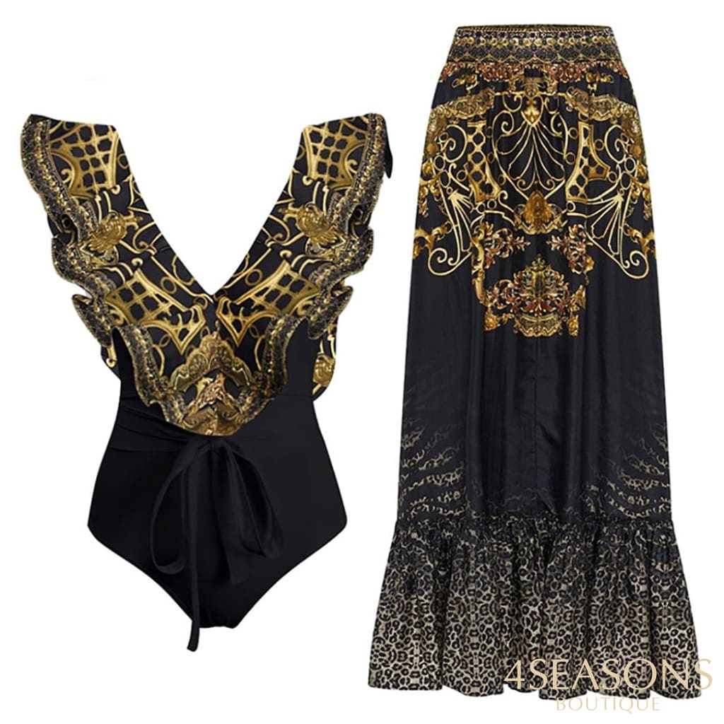 Sleeveless Ruffle V-Neck Printed Swimsuit Sexy Slim Fit Backless One Piece Bikini Chiffon Beach