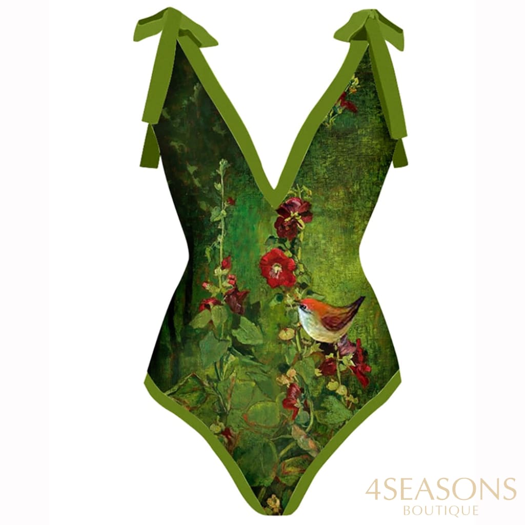 Green Bathing Suit Women Fashion V-Neck Floral Oil Painting Print One Piece Swimsuits Triangle