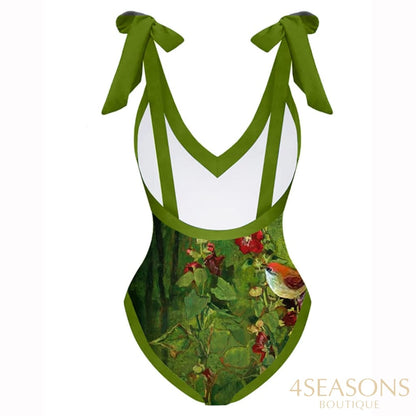 Green Bathing Suit Women Fashion V-Neck Floral Oil Painting Print One Piece Swimsuits Triangle