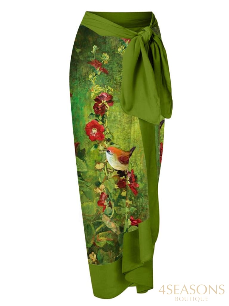 Green Bathing Suit Women Fashion V-Neck Floral Oil Painting Print One Piece Swimsuits Triangle