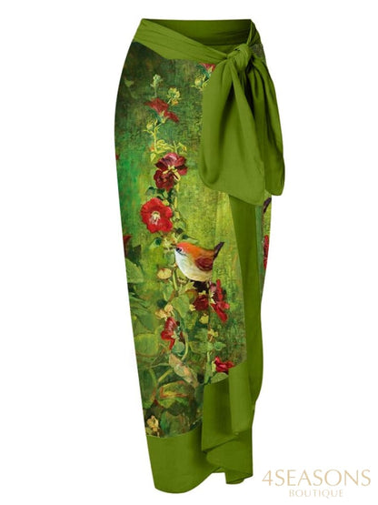 Green Bathing Suit Women Fashion V-Neck Floral Oil Painting Print One Piece Swimsuits Triangle