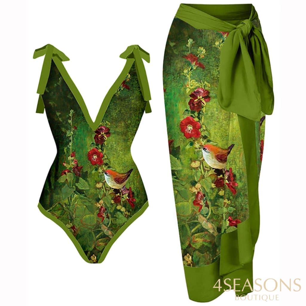 Green Bathing Suit Women Fashion V-Neck Floral Oil Painting Print One Piece Swimsuits Triangle