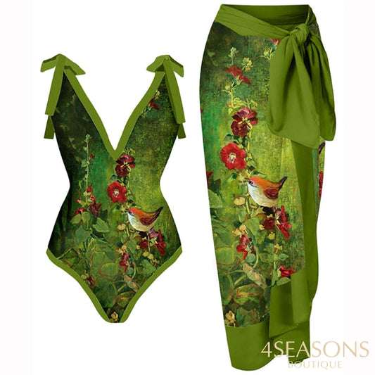 Green Bathing Suit Women Fashion V-Neck Floral Oil Painting Print One Piece Swimsuits Triangle