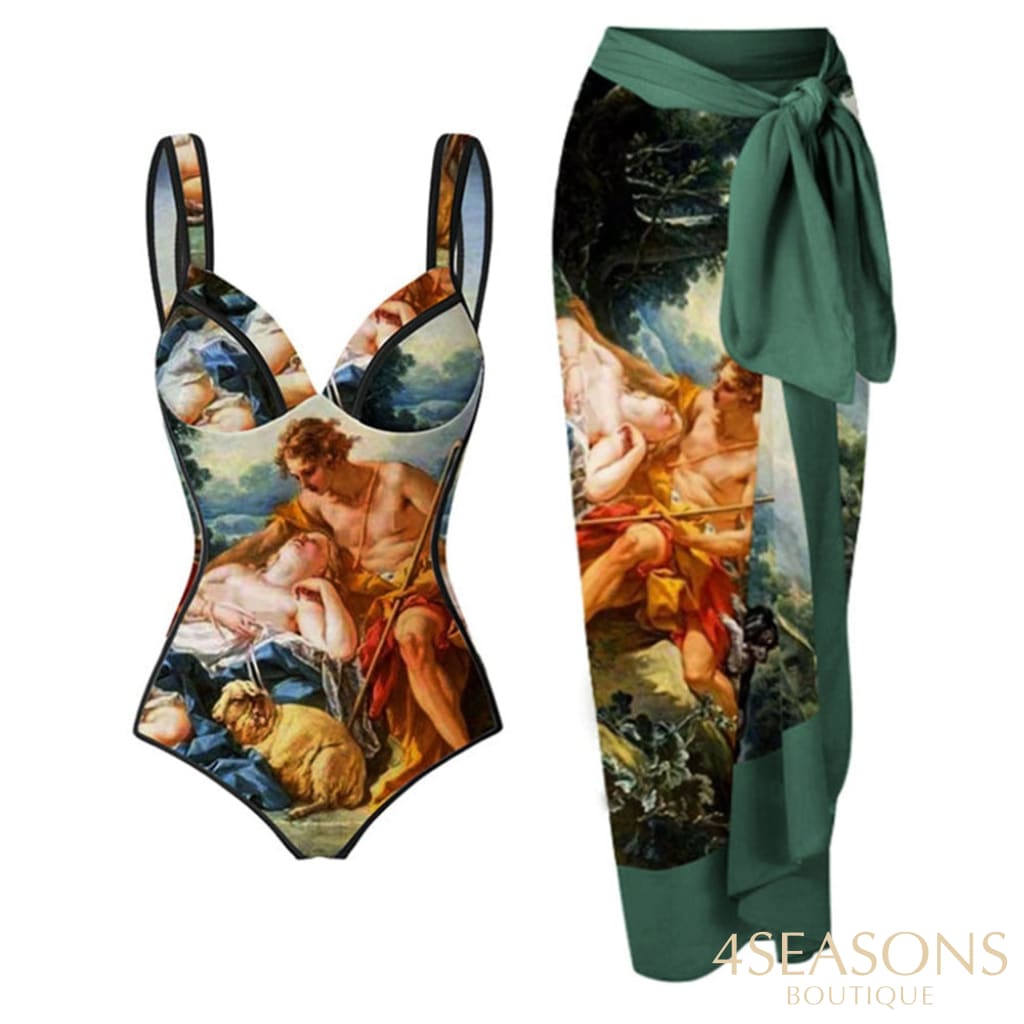 Vintage Print One Piece Swimsuits Micro Bikini And Beach Dress Triangle Swimwear Thong Bather Sexy