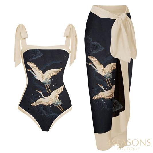 Red Crowned Crane Print Onepiece Swimsuit Luxury Micro Bikini And Cover Up Elegant Butterfly Strap