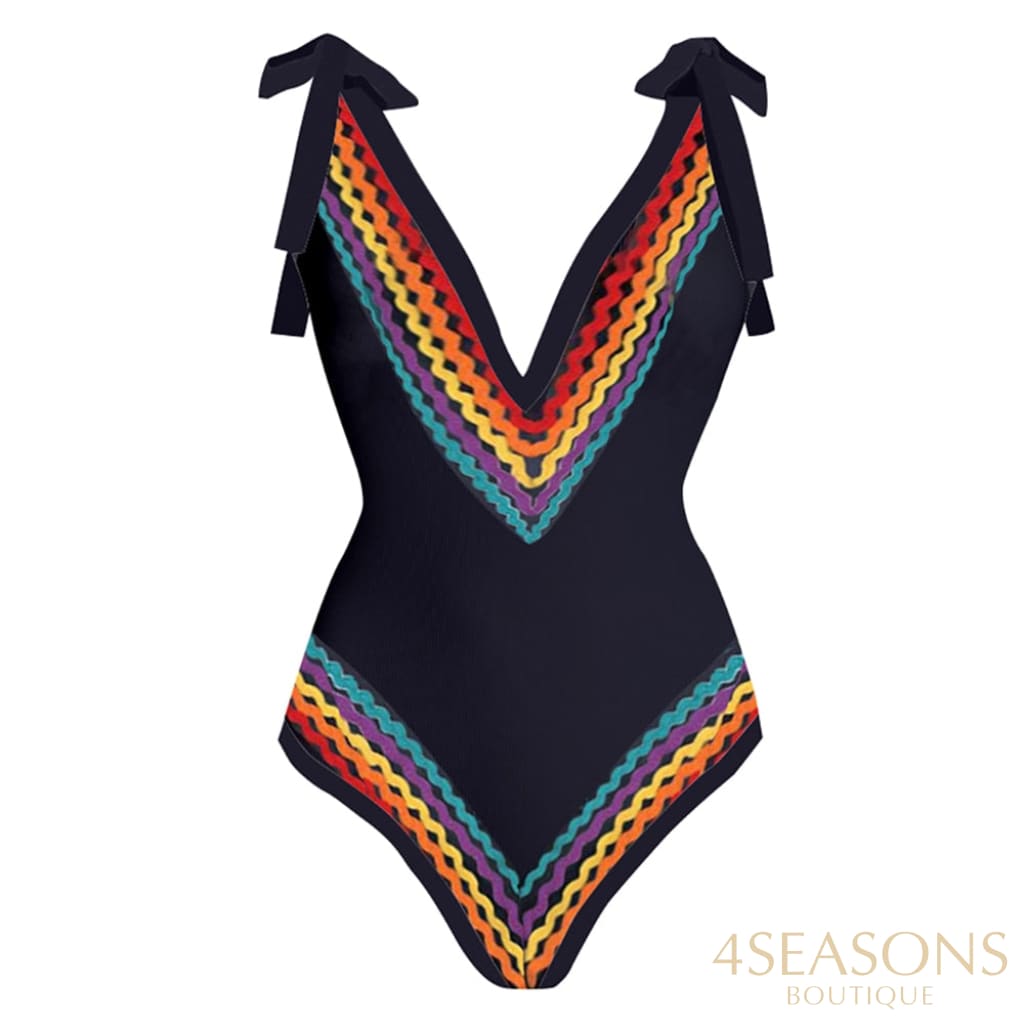 Vintage Colorblock Ethnic Striped Print One-Piece Swimsuit Set V-Neck Elegant Swimwear High Waist