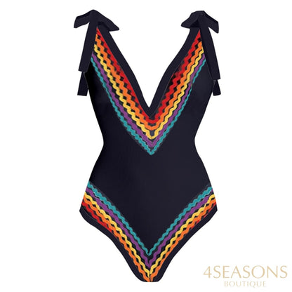 Vintage Colorblock Ethnic Striped Print One-Piece Swimsuit Set V-Neck Elegant Swimwear High Waist