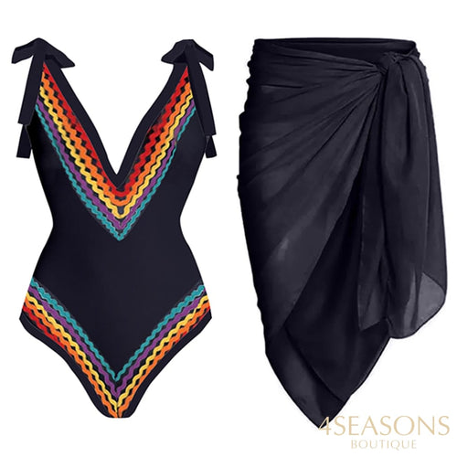 Vintage Colorblock Ethnic Striped Print One-Piece Swimsuit Set V-Neck Elegant Swimwear High Waist