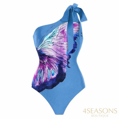 Solid Color Butterfly Print Swimsuit One-Shoulder Lace-Up One Piece Bikini Slim High Waist Suit