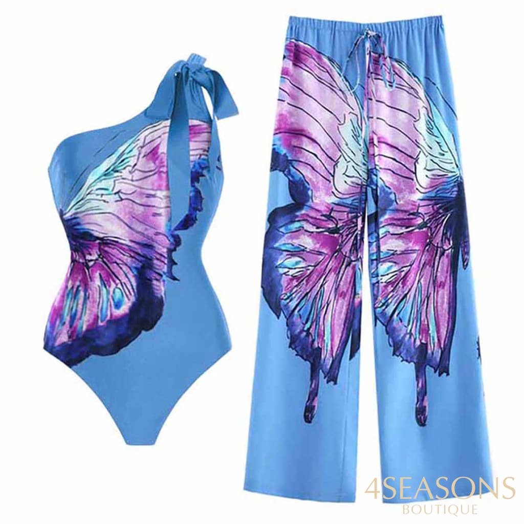 Solid Color Butterfly Print Swimsuit One-Shoulder Lace-Up One Piece Bikini Slim High Waist Suit
