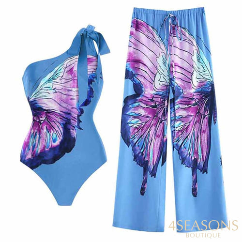 Solid Color Butterfly Print Swimsuit One-Shoulder Lace-Up One Piece Bikini Slim High Waist Suit