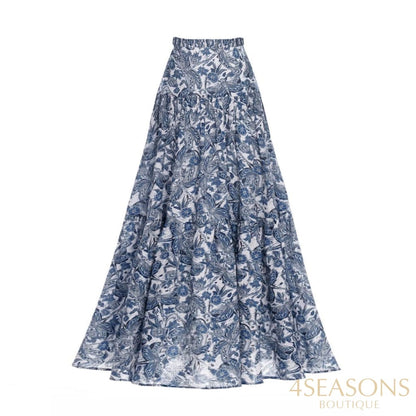 Vintage Blue Swimsuit With Skirt Tankini Women Swimming Suits Single Piece Print Floral Micro