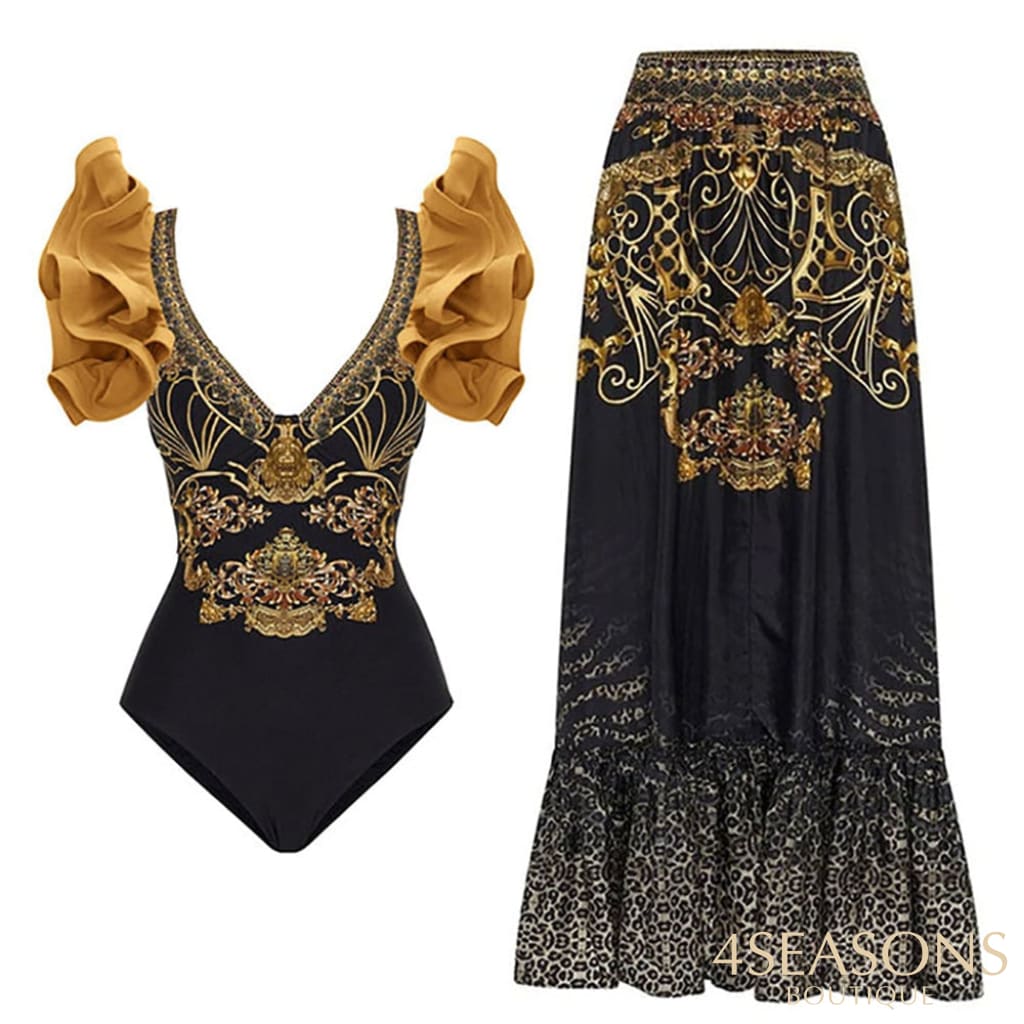 Pleated Three-Dimensional Ruffled Swimsuit V-Neck Sexy Slim One-Piece Printed Bikini Chiffon Beach