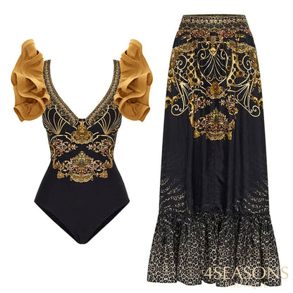 Pleated Three-Dimensional Ruffled Swimsuit V-Neck Sexy Slim One-Piece Printed Bikini Chiffon Beach