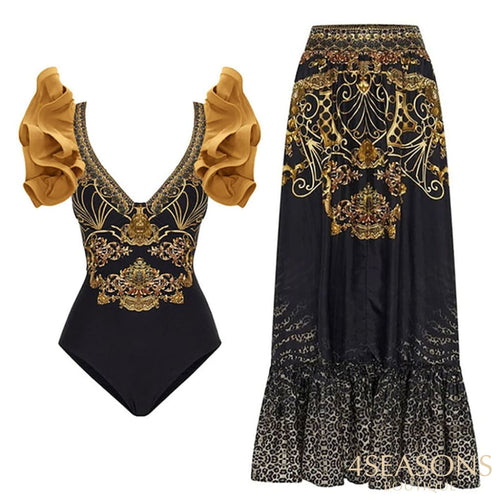 Pleated Three-Dimensional Ruffled Swimsuit V-Neck Sexy Slim One-Piece Printed Bikini Chiffon Beach