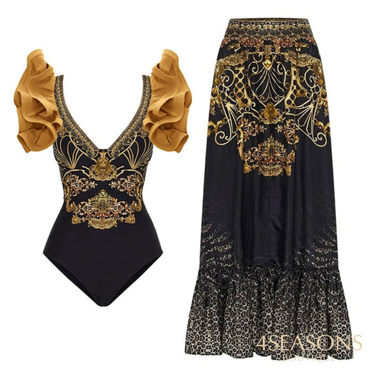 Pleated Three-Dimensional Ruffled Swimsuit V-Neck Sexy Slim One-Piece Printed Bikini Chiffon Beach