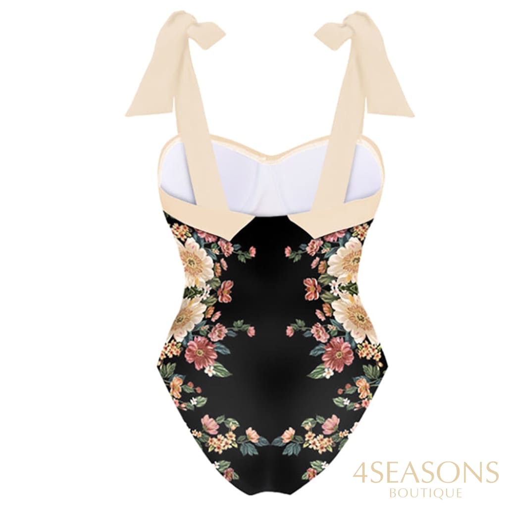 Printed Panel Chic One Piece Swimsuit And Coverup Bow Tie Strap Gathering Sexy Bikini High Waist