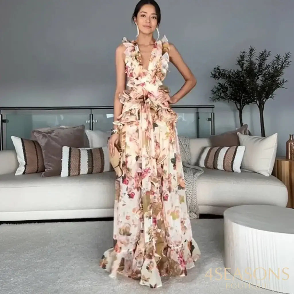 Ellafads Pressed Pleated Dress Women’s Summer 2025 New Comfortable Casual Vacation Ruffle Print Sleeveless V-neck Long