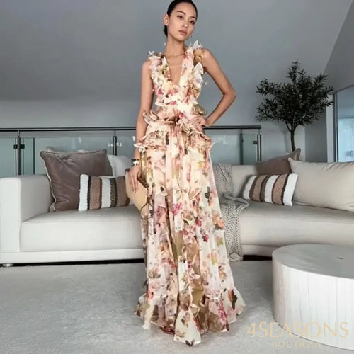 Ellafads Pressed Pleated Dress Women’s Summer 2025 New Comfortable Casual Vacation Ruffle Print Sleeveless V-neck Long