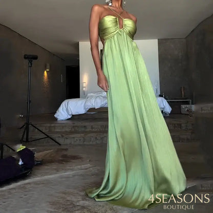 Ellafads Maxi Dress Women’s Clothes Summer Fashion Solid V Neck Sleeveless Suspender Backless Lace Up Nipped Waist