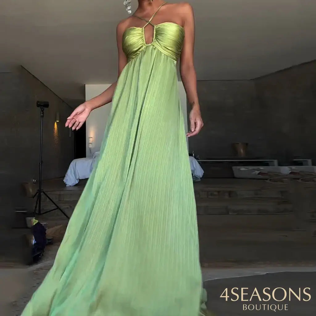 Ellafads Maxi Dress Women’s Clothes Summer Fashion Solid V Neck Sleeveless Suspender Backless Lace Up Nipped Waist