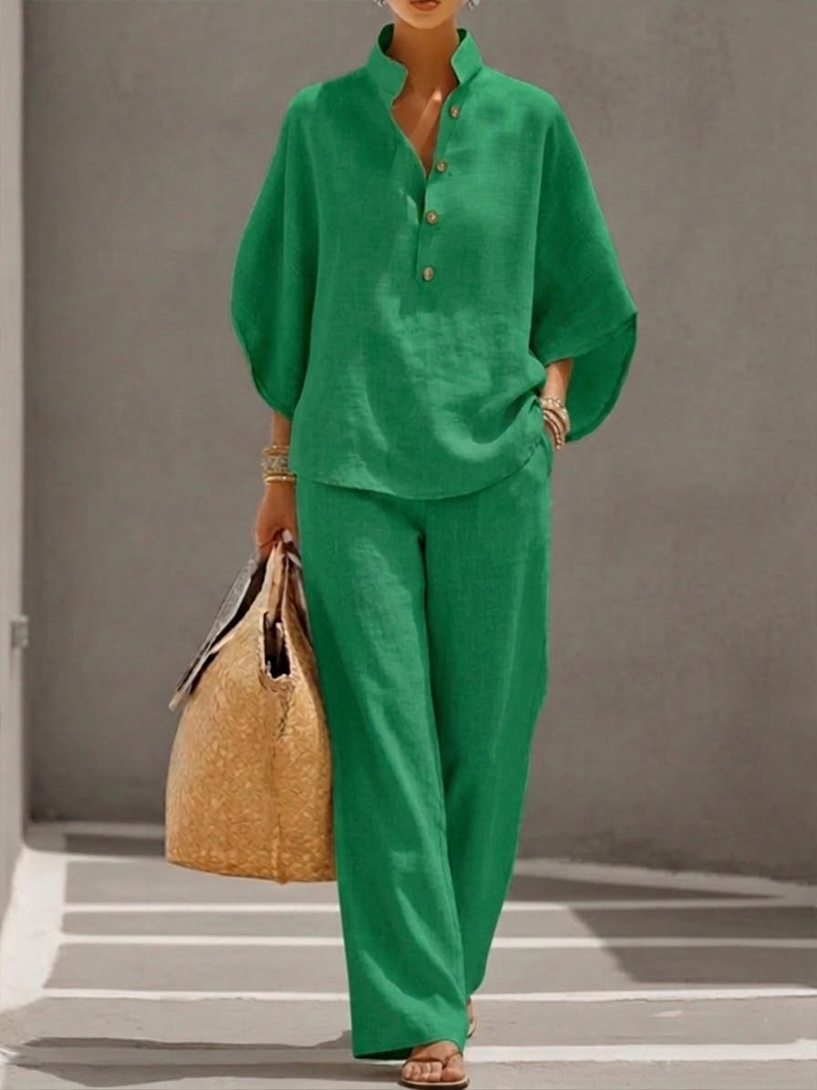 Elvira | Cotton Linen Batwing Sleeve Wide Leg Set