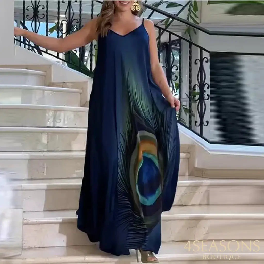 Sexy Suspender Sleeveless Printed Long Dress Lady Elegant Loose Commuting Vestidos Dress Summer New Vintage Pleated