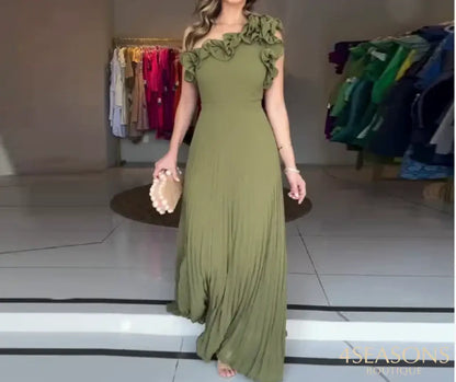 Women’s Urban Dress 2025 Spring Summer Latest Elegant New Collection Flower Waist Fold Solid Color Maxi Dress Skinny