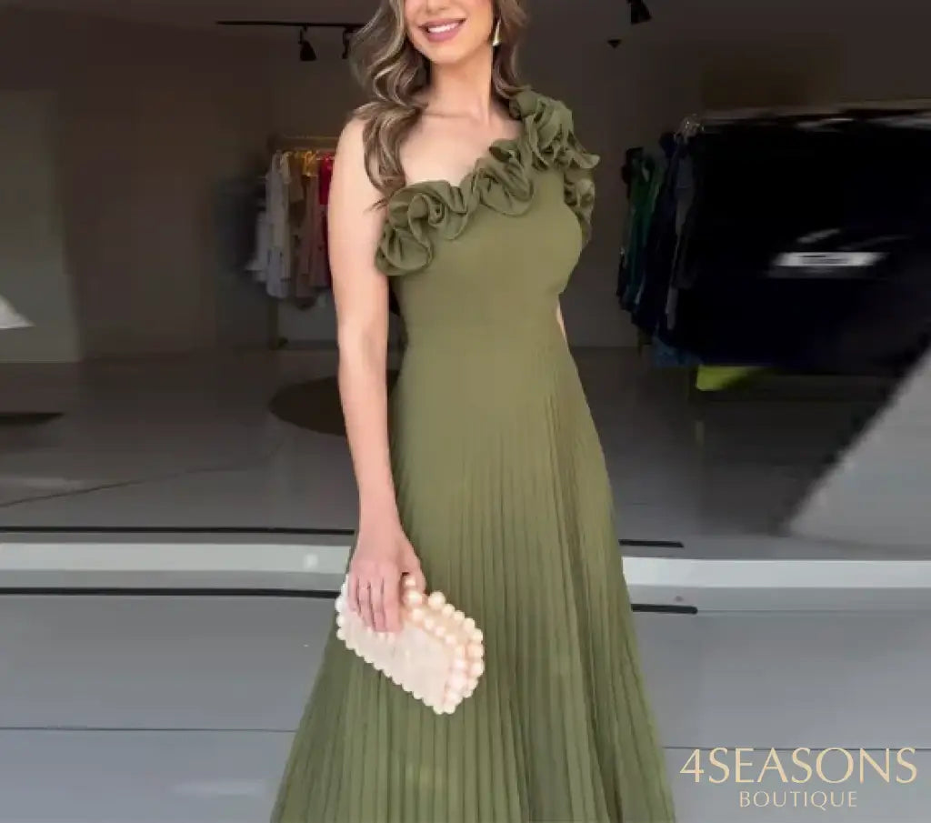 Women’s Urban Dress 2025 Spring Summer Latest Elegant New Collection Flower Waist Fold Solid Color Maxi Dress Skinny