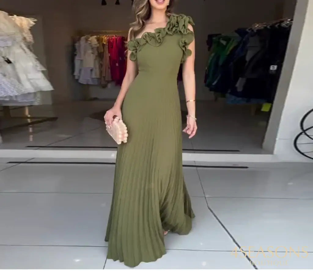 Women’s Urban Dress 2025 Spring Summer Latest Elegant New Collection Flower Waist Fold Solid Color Maxi Dress Skinny