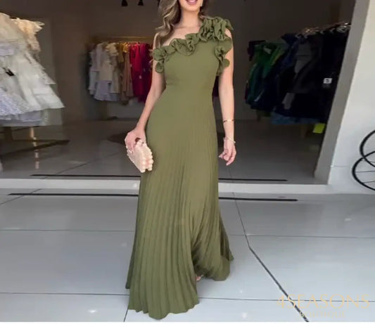 Women’s Urban Dress 2025 Spring Summer Latest Elegant New Collection Flower Waist Fold Solid Color Maxi Dress Skinny