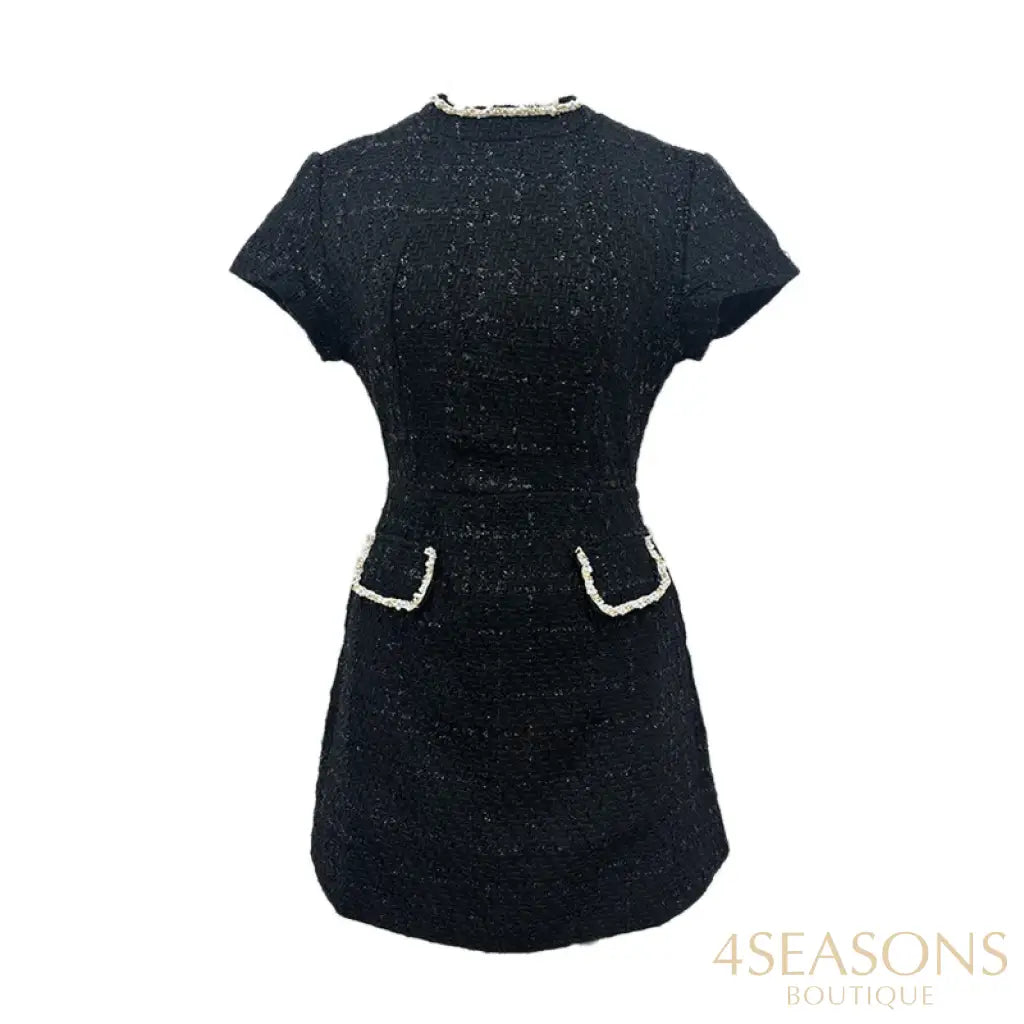 White Shoulder Pad Short Sleeve Party Dress Women’s Elegant Tweed A-line O-neck Patchwork Luxury Black Evening Dresses