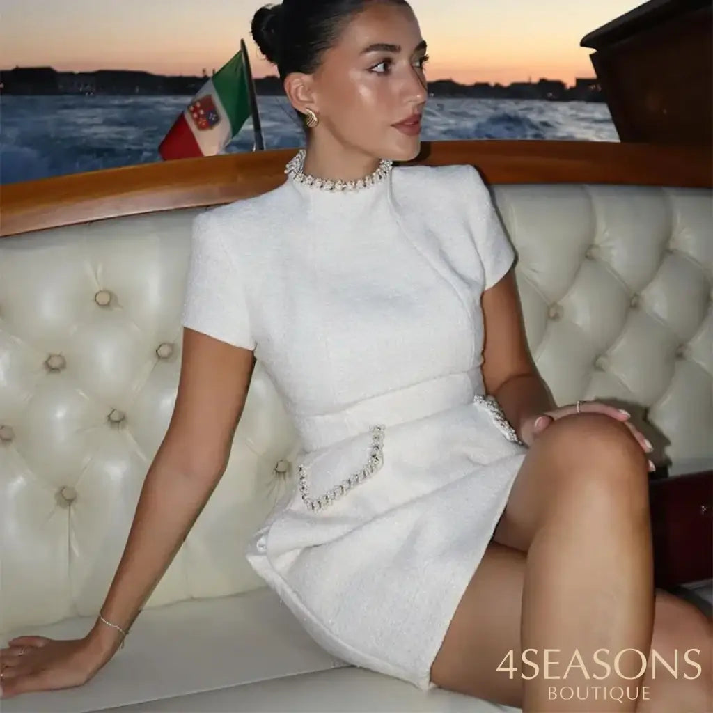 White Shoulder Pad Short Sleeve Party Dress Women’s Elegant Tweed A-line O-neck Patchwork Luxury Black Evening Dresses