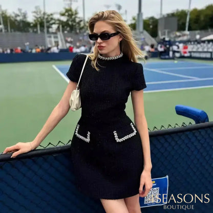 White Shoulder Pad Short Sleeve Party Dress Women’s Elegant Tweed A-line O-neck Patchwork Luxury Black Evening Dresses